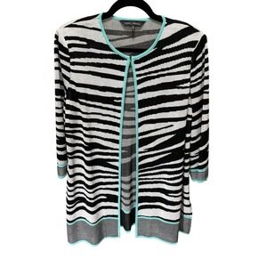 Ming Wang Cardigan Women M Black Zebra Print Open Front Knit Jacket Turquoise